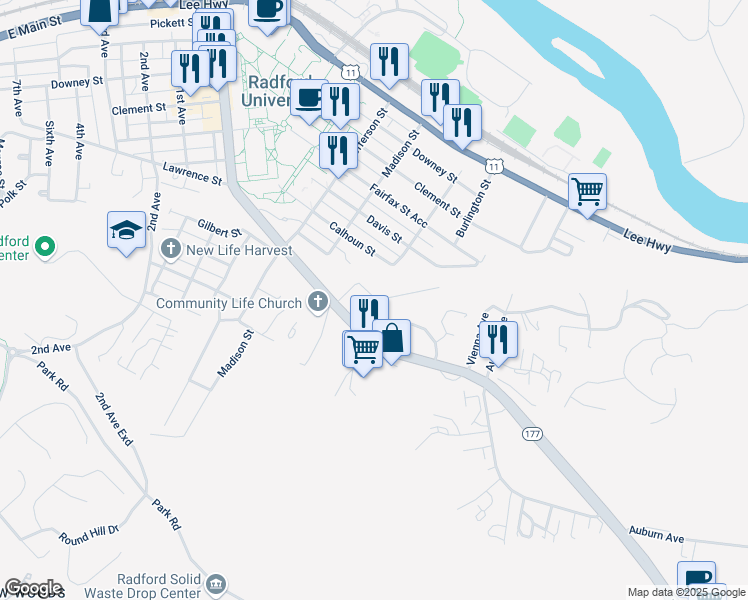map of restaurants, bars, coffee shops, grocery stores, and more near 512 Howe Street in Radford