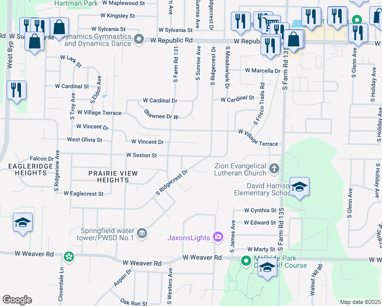 map of restaurants, bars, coffee shops, grocery stores, and more near 3423 West Sexton Street in Springfield