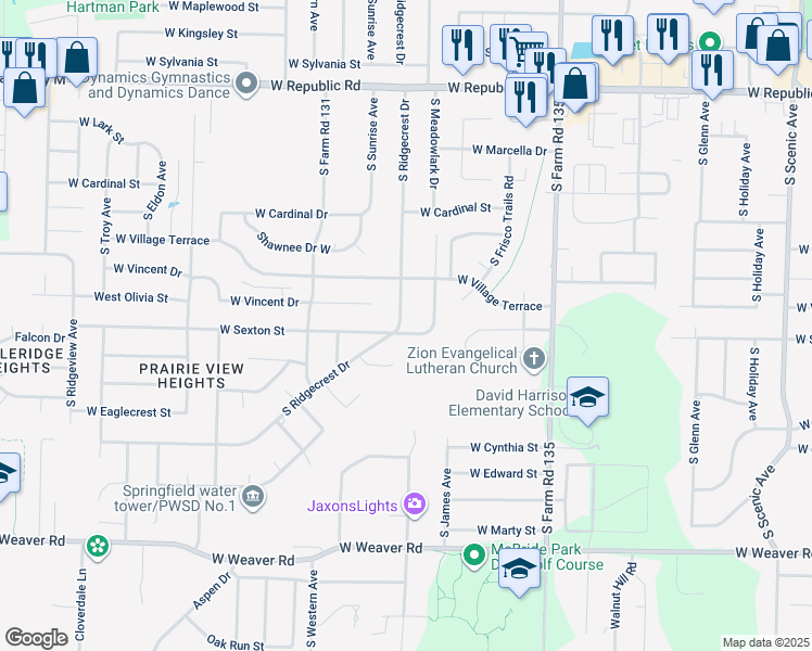 map of restaurants, bars, coffee shops, grocery stores, and more near 3337 West Sexton Street in Springfield