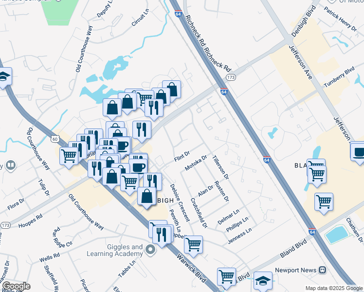 map of restaurants, bars, coffee shops, grocery stores, and more near 404 Teepee Drive in Newport News