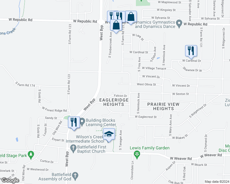 map of restaurants, bars, coffee shops, grocery stores, and more near 4620 South Falcon Court in Battlefield