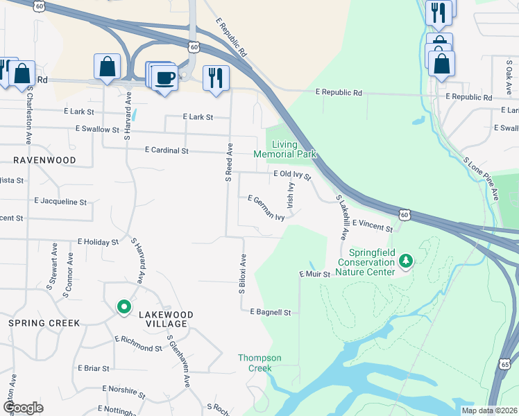 map of restaurants, bars, coffee shops, grocery stores, and more near 2438 E German Ivy in Springfield