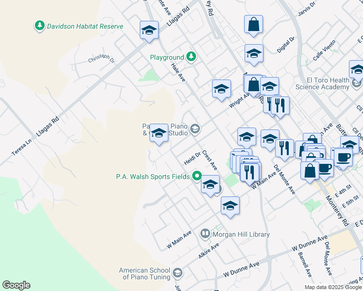 map of restaurants, bars, coffee shops, grocery stores, and more near 360 Wright Avenue in Morgan Hill