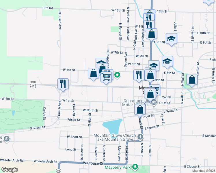 map of restaurants, bars, coffee shops, grocery stores, and more near 488 West 3rd Street in Mountain Grove