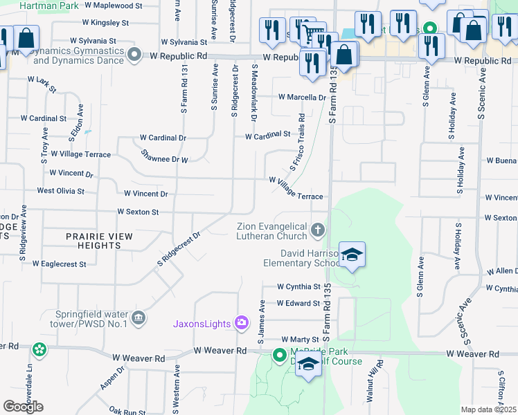 map of restaurants, bars, coffee shops, grocery stores, and more near 4606 South Meadowlark Drive in Springfield