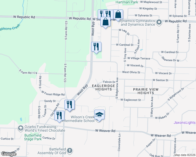 map of restaurants, bars, coffee shops, grocery stores, and more near 4618 Tyler Terrace in Battlefield