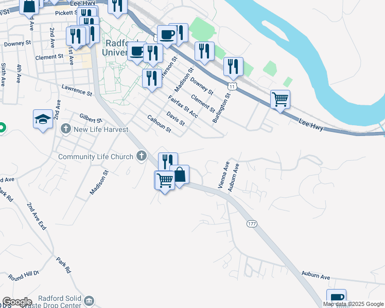 map of restaurants, bars, coffee shops, grocery stores, and more near 1206 Valley View Street in Radford