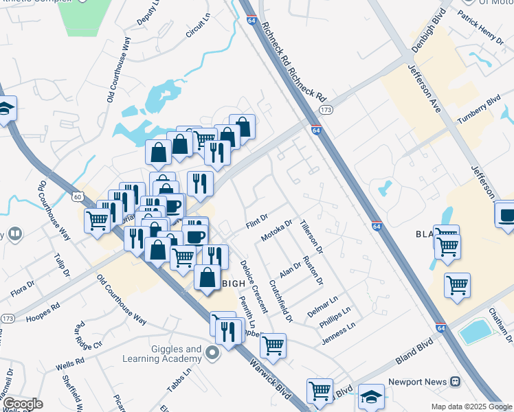 map of restaurants, bars, coffee shops, grocery stores, and more near 404 Teepee Drive in Newport News
