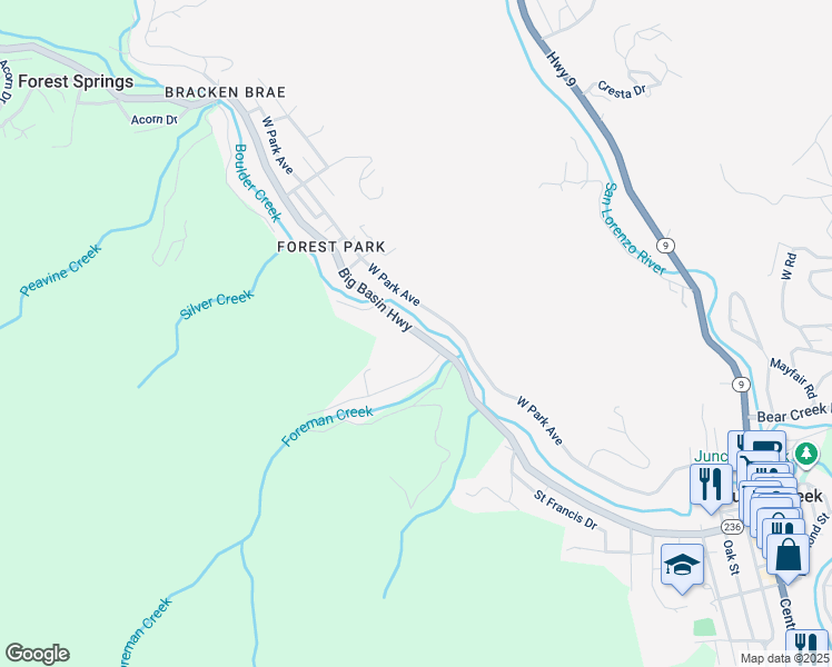 map of restaurants, bars, coffee shops, grocery stores, and more near 14185 California 236 in Boulder Creek