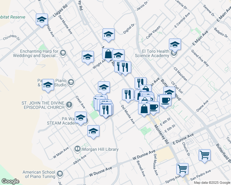 map of restaurants, bars, coffee shops, grocery stores, and more near 80 West Central Avenue in Morgan Hill
