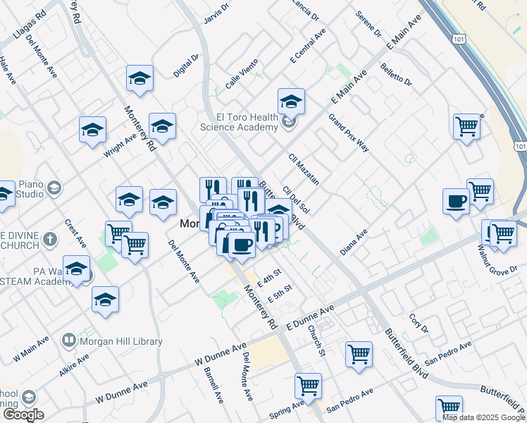 map of restaurants, bars, coffee shops, grocery stores, and more near 157 Triggs Lane in Morgan Hill