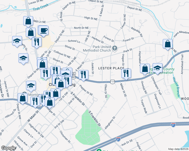map of restaurants, bars, coffee shops, grocery stores, and more near 101 Junkin Street in Christiansburg