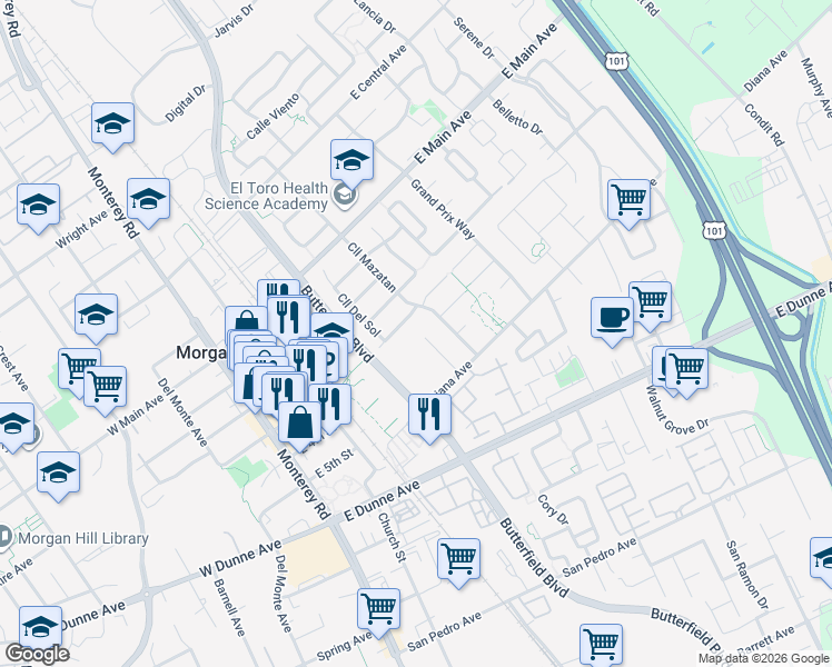 map of restaurants, bars, coffee shops, grocery stores, and more near 17295 Markross Court in Morgan Hill
