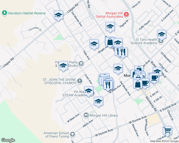 map of restaurants, bars, coffee shops, grocery stores, and more near 260 Berry Court in Morgan Hill