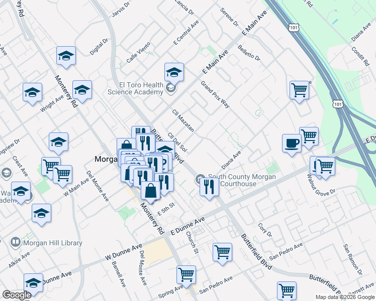 map of restaurants, bars, coffee shops, grocery stores, and more near 17387 Calle Del Sol in Morgan Hill