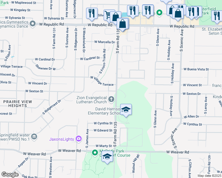 map of restaurants, bars, coffee shops, grocery stores, and more near 3141 West Sexton Street in Springfield