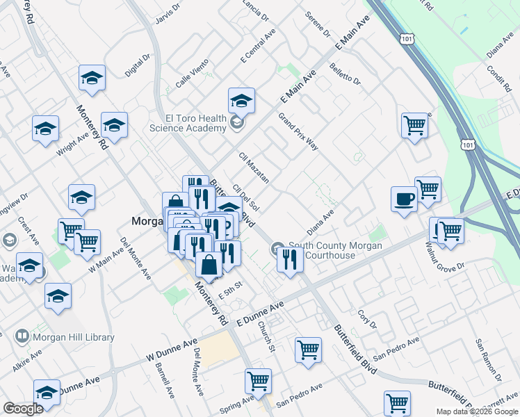 map of restaurants, bars, coffee shops, grocery stores, and more near 17387 Calle Del Sol in Morgan Hill