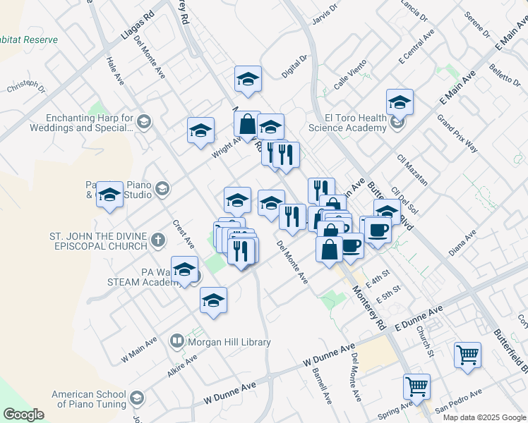 map of restaurants, bars, coffee shops, grocery stores, and more near 80 West Central Avenue in Morgan Hill