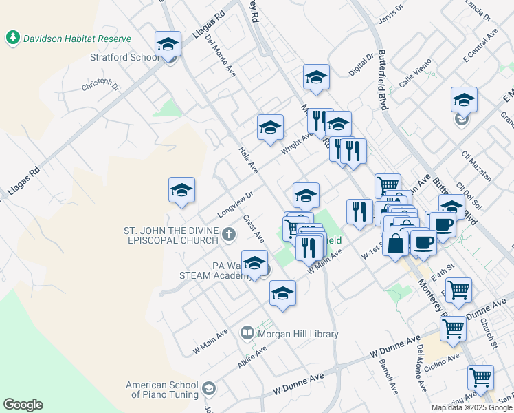 map of restaurants, bars, coffee shops, grocery stores, and more near 260 Berry Court in Morgan Hill