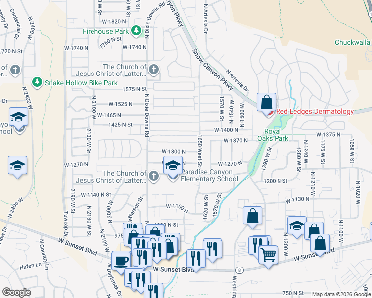 map of restaurants, bars, coffee shops, grocery stores, and more near 1714 1300 North in St. George