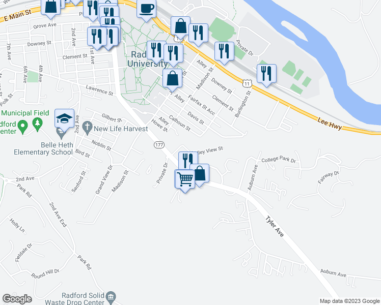 map of restaurants, bars, coffee shops, grocery stores, and more near 512 Howe Street in Radford