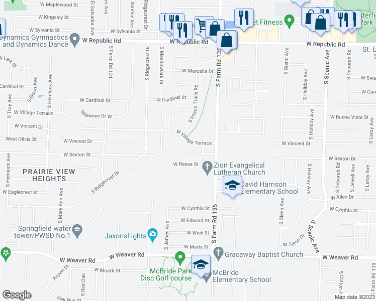 map of restaurants, bars, coffee shops, grocery stores, and more near 3205 West Sexton Street in Springfield