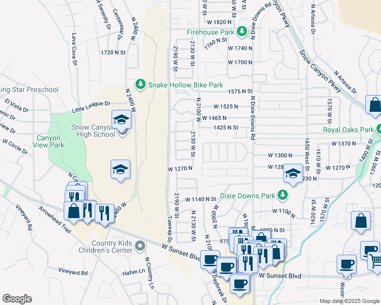 map of restaurants, bars, coffee shops, grocery stores, and more near 2139 West 1350 North in St. George