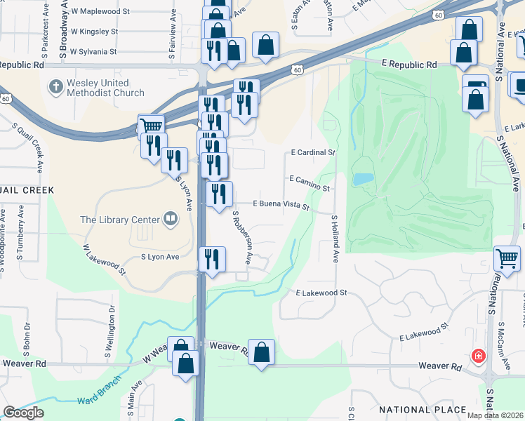 map of restaurants, bars, coffee shops, grocery stores, and more near 306 East Buena Vista Street in Springfield