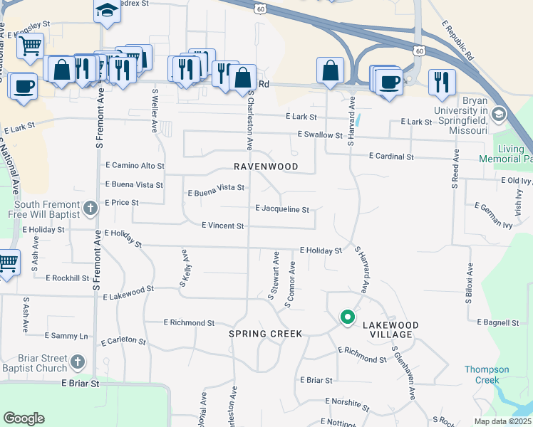 map of restaurants, bars, coffee shops, grocery stores, and more near 1820 East Jacqueline Street in Springfield