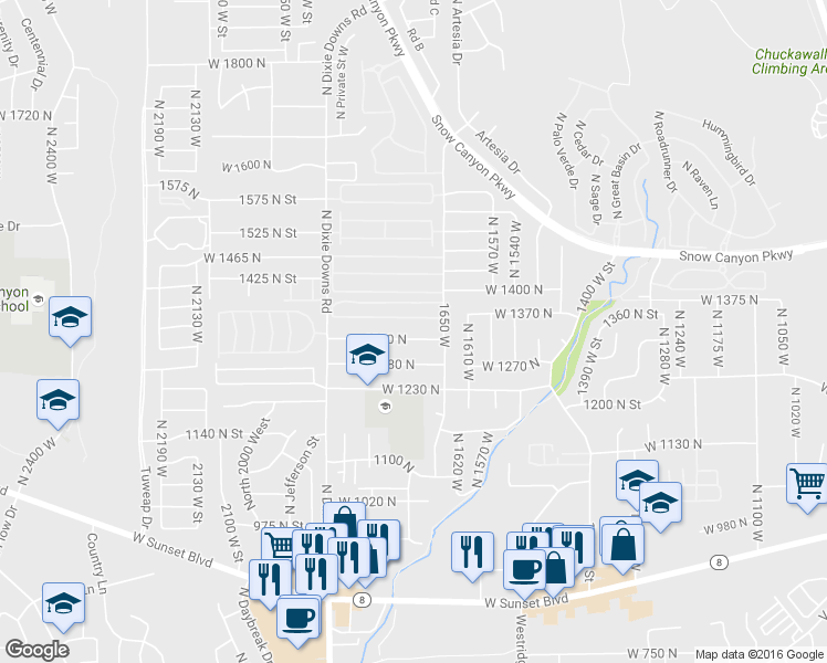 map of restaurants, bars, coffee shops, grocery stores, and more near 1714 1300 North in Saint George