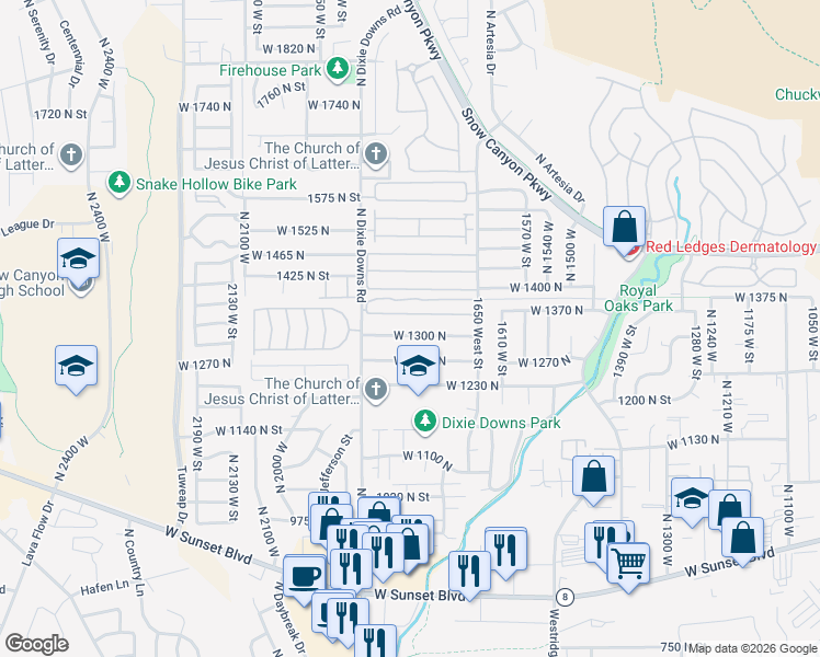 map of restaurants, bars, coffee shops, grocery stores, and more near 1786 1300 North in St. George