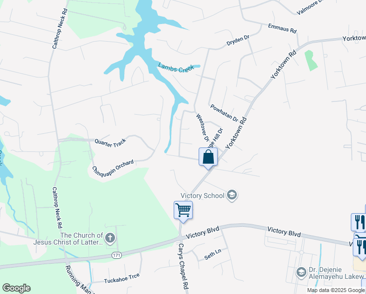 map of restaurants, bars, coffee shops, grocery stores, and more near 20 North Carriage Hill Drive in Poquoson