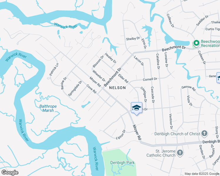 map of restaurants, bars, coffee shops, grocery stores, and more near 908 Moyer Road in Newport News