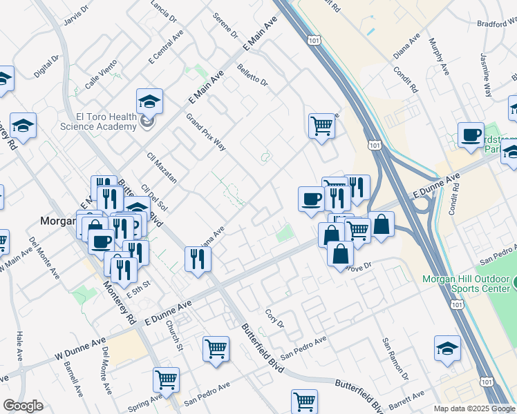 map of restaurants, bars, coffee shops, grocery stores, and more near 17145 Rosemary Circle in Morgan Hill