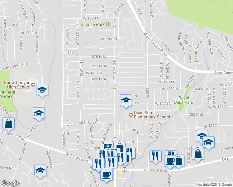 map of restaurants, bars, coffee shops, grocery stores, and more near 1864 1300 North in St. George