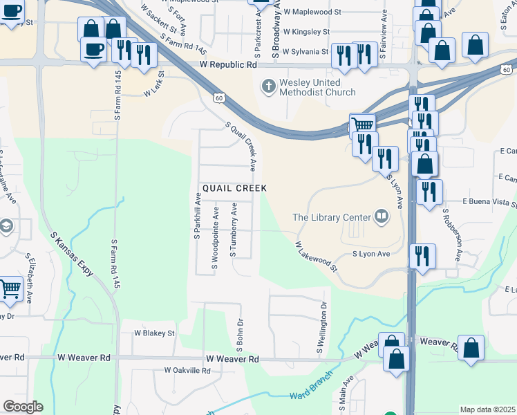 map of restaurants, bars, coffee shops, grocery stores, and more near 4598 South Quail Creek Avenue in Springfield