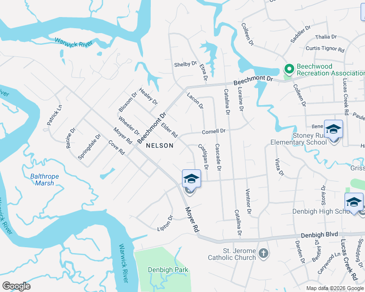 map of restaurants, bars, coffee shops, grocery stores, and more near 904 Costigan Drive in Newport News