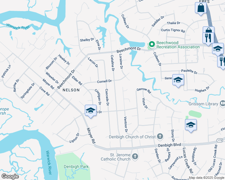 map of restaurants, bars, coffee shops, grocery stores, and more near 859 Catalina Drive in Newport News