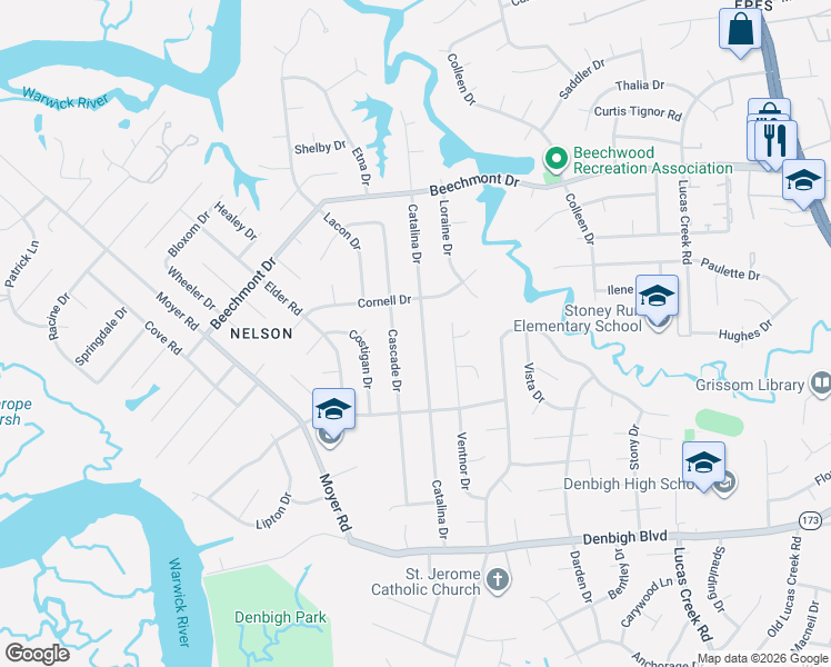 map of restaurants, bars, coffee shops, grocery stores, and more near 857 Catalina Drive in Newport News