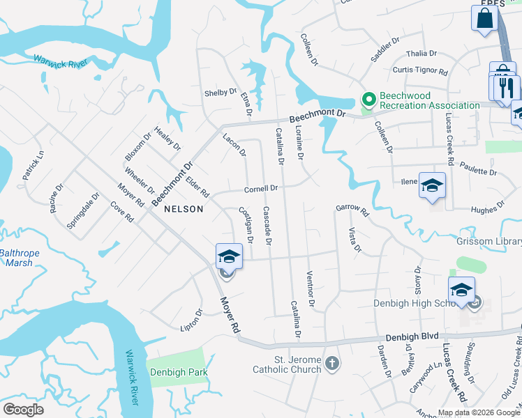 map of restaurants, bars, coffee shops, grocery stores, and more near 859 Cascade Drive in Newport News