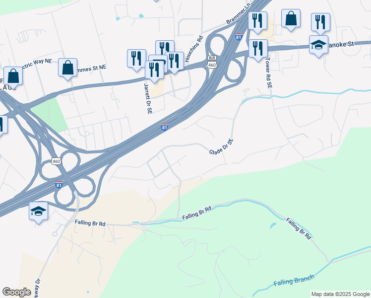 map of restaurants, bars, coffee shops, grocery stores, and more near 2375 Glade Drive Southeast in Christiansburg