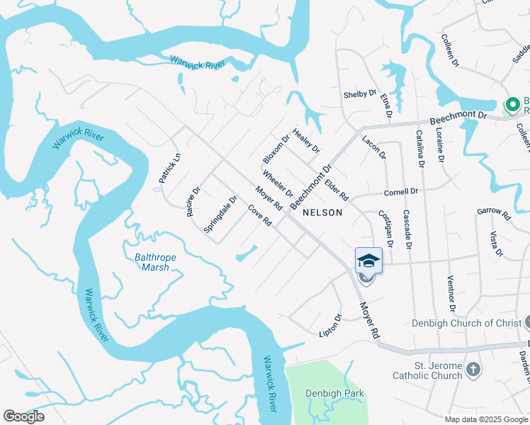 map of restaurants, bars, coffee shops, grocery stores, and more near 120 Cove Road in Newport News