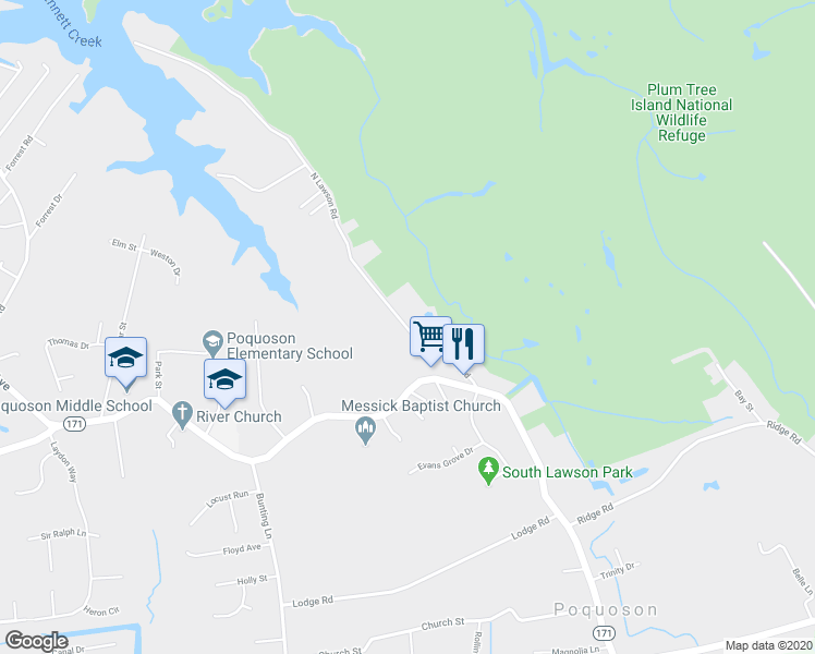 map of restaurants, bars, coffee shops, grocery stores, and more near 46 North Lawson Road in Poquoson