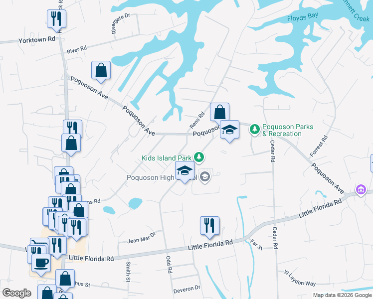 map of restaurants, bars, coffee shops, grocery stores, and more near 9 Terrace Drive in Poquoson