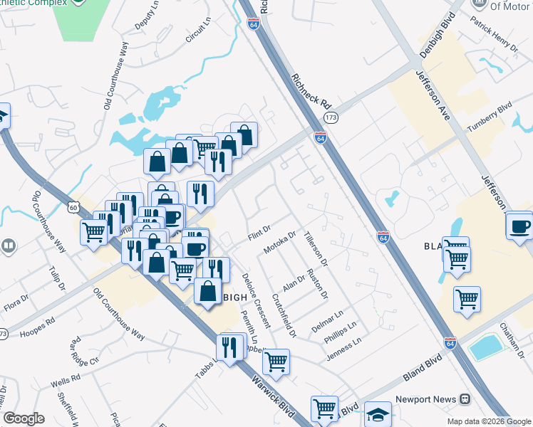 map of restaurants, bars, coffee shops, grocery stores, and more near 413 Flint Drive in Newport News