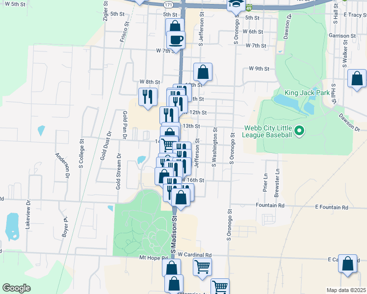 map of restaurants, bars, coffee shops, grocery stores, and more near 1401 S Madison St in Webb City