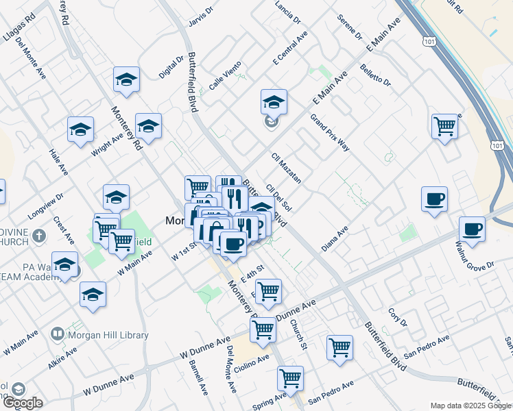 map of restaurants, bars, coffee shops, grocery stores, and more near 190 Triggs Lane in Morgan Hill