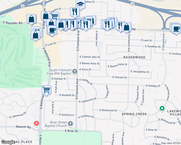 map of restaurants, bars, coffee shops, grocery stores, and more near 4552 South Cresent Avenue in Springfield