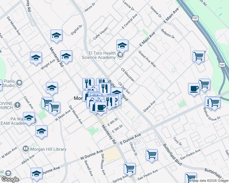 map of restaurants, bars, coffee shops, grocery stores, and more near 190 Triggs Lane in Morgan Hill