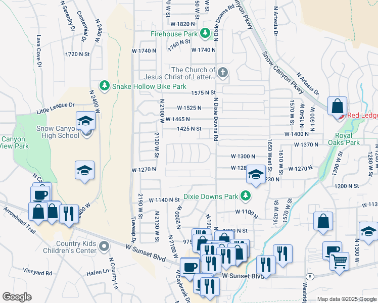 map of restaurants, bars, coffee shops, grocery stores, and more near 1331 North Dixie Downs Road in St. George